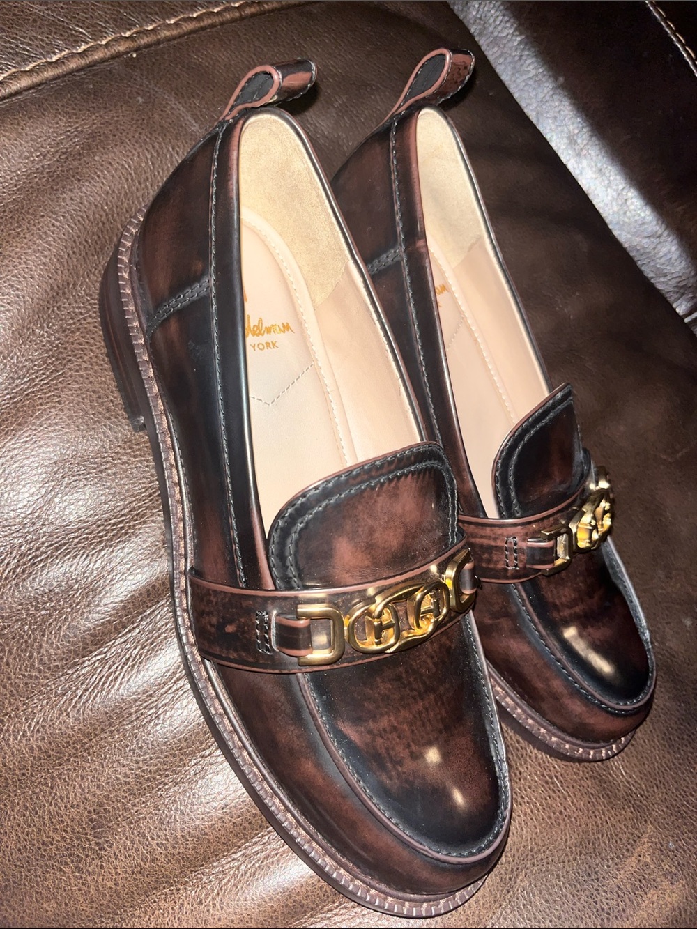 Sam Edelman Chesnut Leather Loafers with Gold Horsebit - Picture 2 of 6